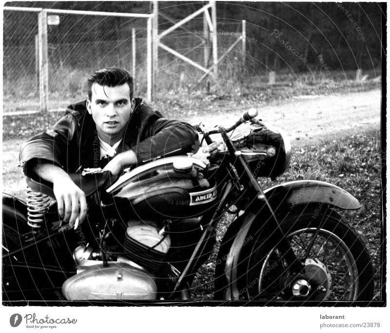 young heroes Posture Scooter Motorcycle Sixties Man Hero Black & white photo