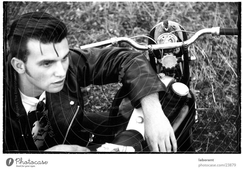 even more young heroes Scooter Posture Motorcycle The fifties Leather jacket Man Hero Black & white photo