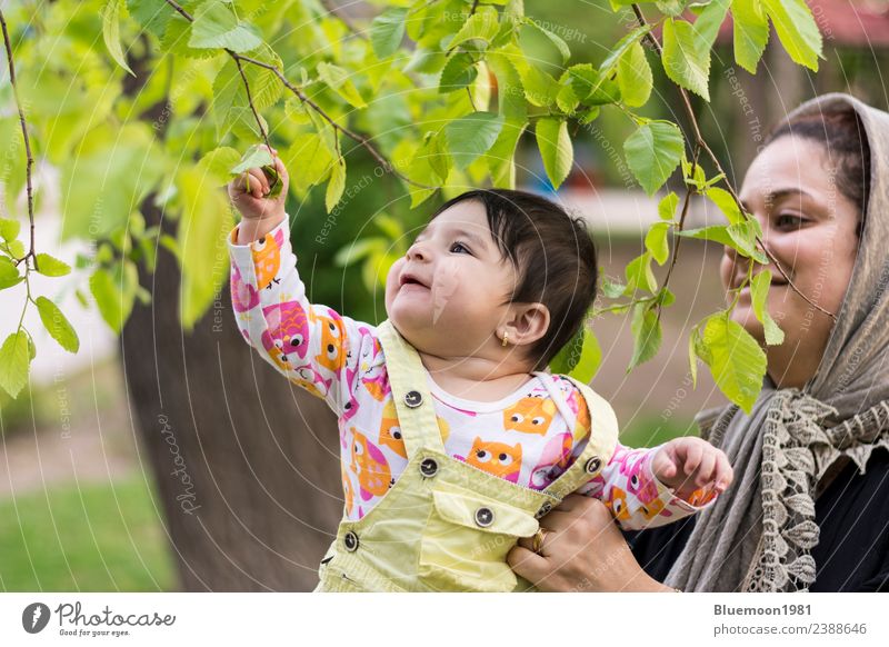 Little baby is touching fresh spring leaves in her mother's hug Lifestyle Beautiful Wellness Parenting Child Human being Feminine Baby Young woman