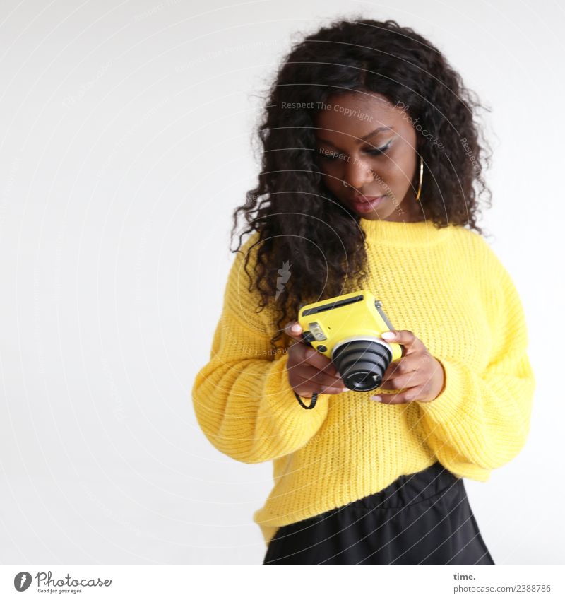 Apolline Feminine Woman Adults 1 Human being Skirt Sweater Earring Brunette Long-haired Curl Camera Observe To hold on Looking Beautiful Yellow Willpower