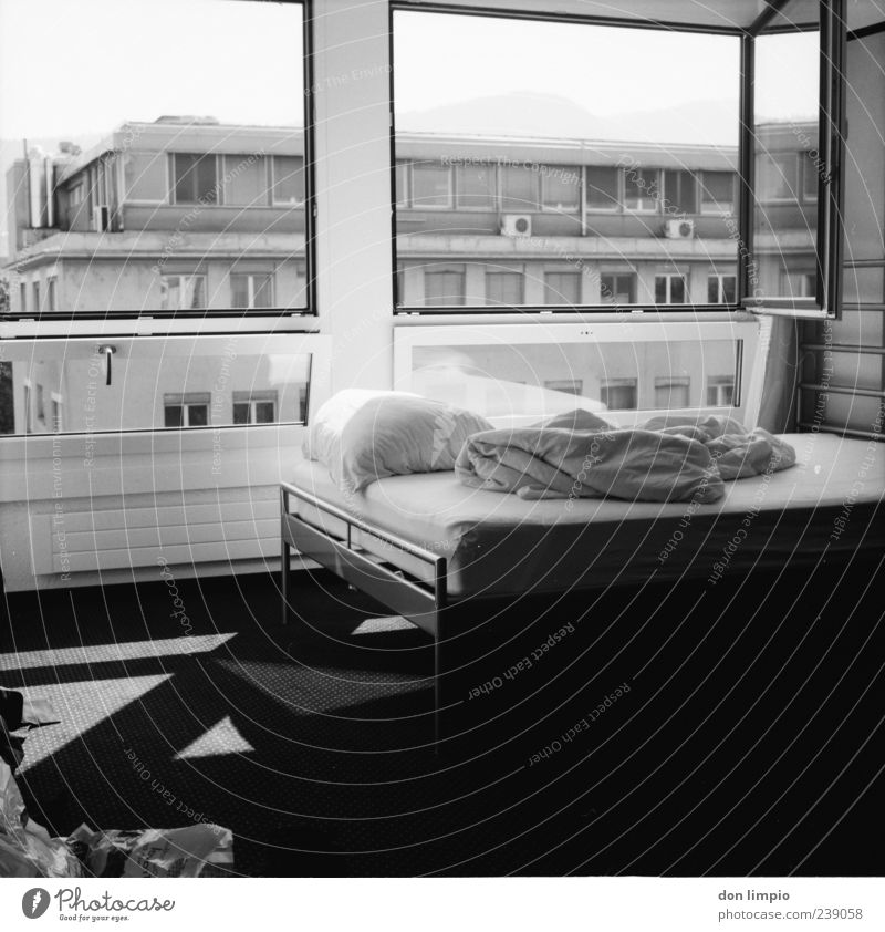 dorm Living or residing Flat (apartment) House (Residential Structure) Interior design Bed Zurich Town Building Window Black White Moody Calm Analog Duvet