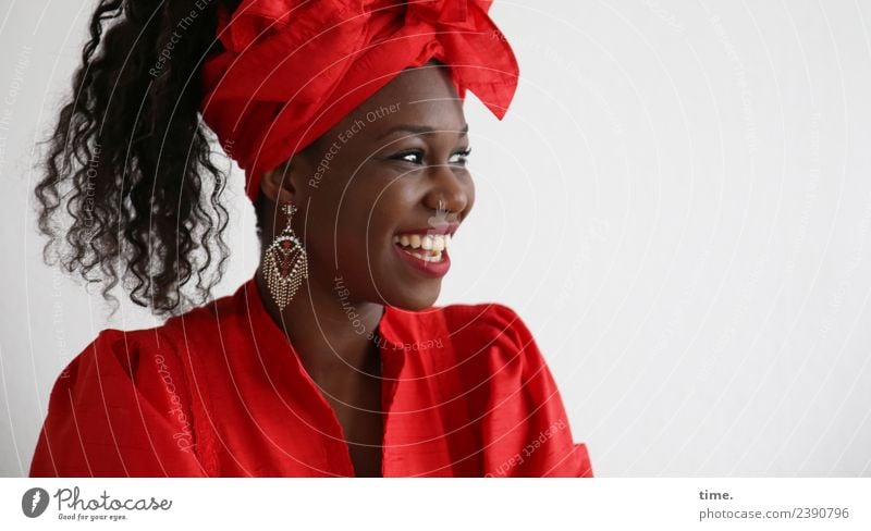 Apolline Feminine Woman Adults 1 Human being Dress Earring Headscarf Hair and hairstyles Black-haired Curl Afro Observe Laughter Looking Friendliness Happiness