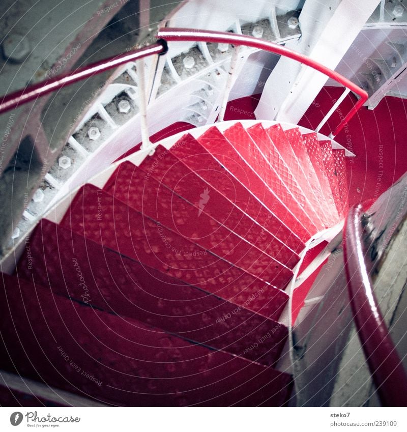 red steppes Lighthouse Stairs Red White Norway Winding staircase Handrail Downward Steel carrier Nut Colour photo Interior shot Deserted Deep depth of field