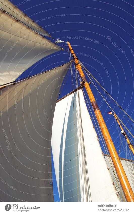 Sails in the wind Sailing Watercraft Flag Far-off places Wood Navigation Blue sky Electricity pylon traditional sailer Old Ewer Petri gaff Beautiful weather