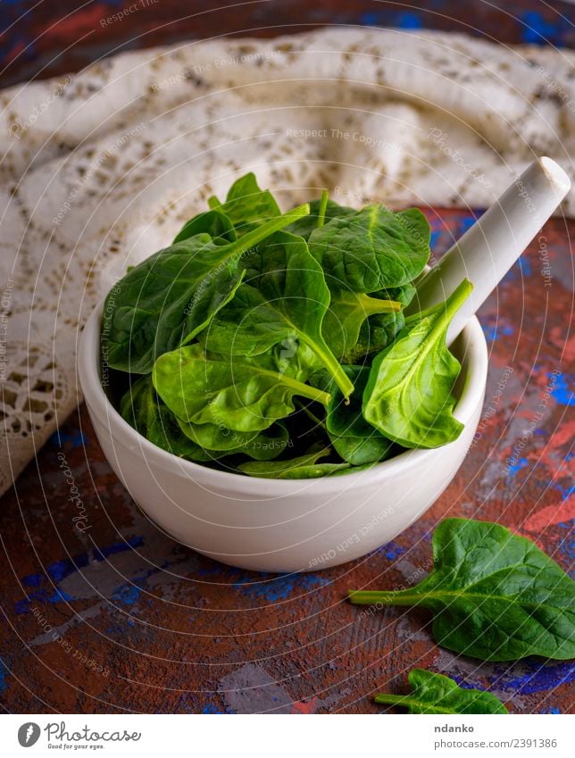 fresh green spinach leaves Vegetable Lettuce Salad Nutrition Vegetarian diet Diet Plate Bowl Table Nature Plant Leaf Wood Fresh Natural Green White mortar Raw