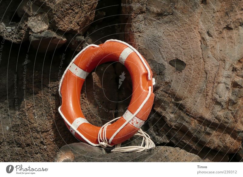 orange lifebelt in front of rocks Life belt Brown White Orange Rescue equipment Rope Rock Survive Circle Round Deserted Wall of rock 1 Colour photo