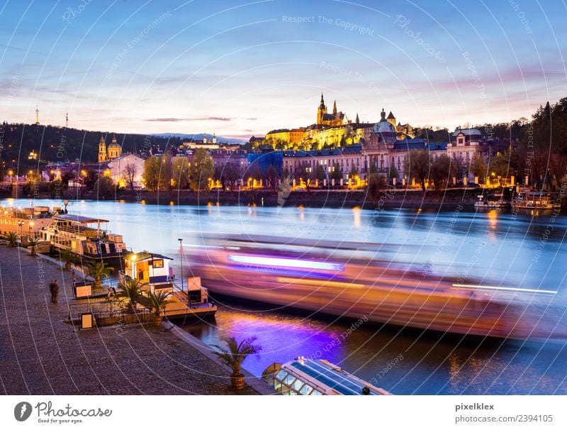 Boat on the Vltava River, Prague Vacation & Travel Tourism Trip Sightseeing City trip Night life River bank The Moldau Czech Republic Europe Town Capital city