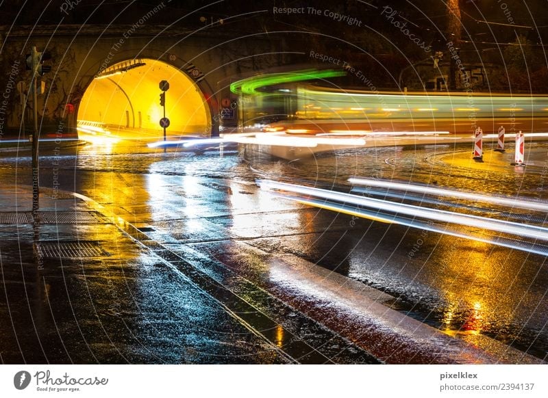Tunnel at night Water Bad weather Storm Rain Thunder and lightning Manmade structures Transport Means of transport Traffic infrastructure Road traffic Street