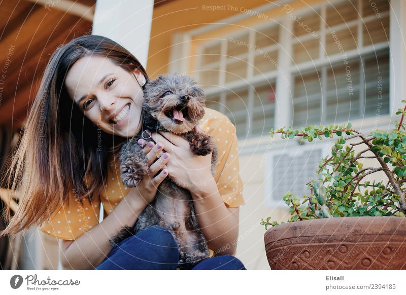 Smiling woman with pet dog Human being Young woman Youth (Young adults) Woman Adults 1 18 - 30 years Animal Pet Dog To enjoy Emotions Moody Joy Enthusiasm