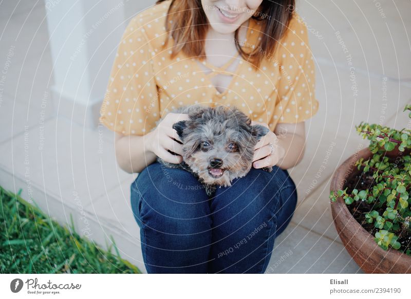 Woman with her puppy pet Lifestyle Human being Feminine Mother Adults Friendship 1 18 - 30 years Youth (Young adults) Touch To enjoy Emotions Moody Joy