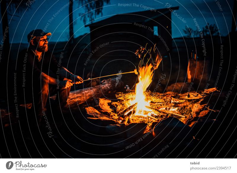 campfire Sausage Adventure Freedom Expedition Camping Summer Masculine Man Adults Face 1 Human being Nature Cap Observe Sit Loneliness Leisure and hobbies Idyll
