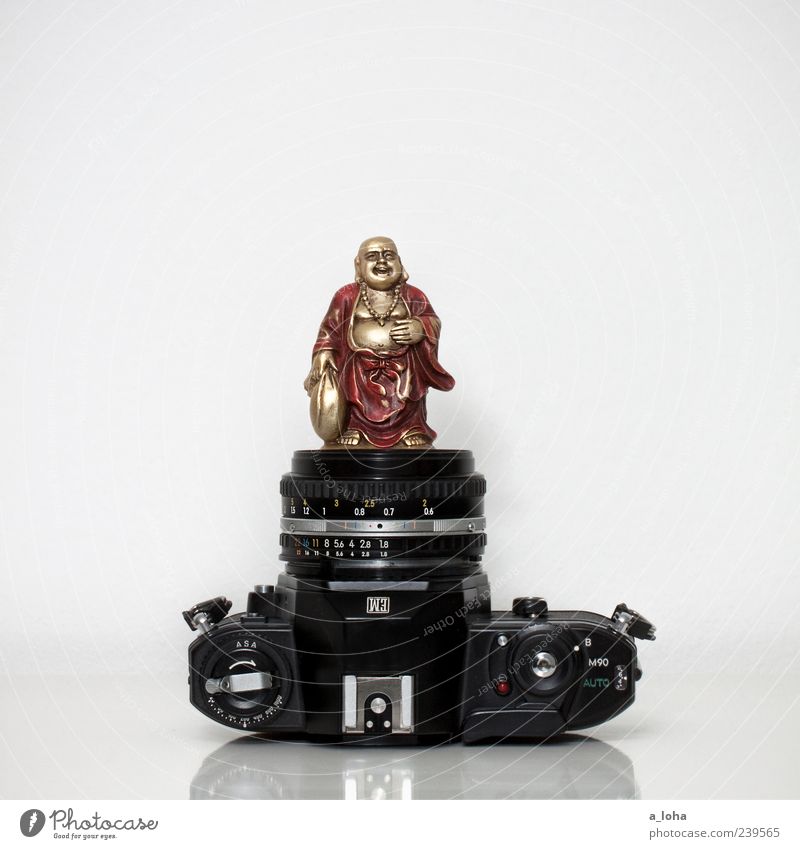 photography is my religion Kitsch Odds and ends Gold Red Black Religion and faith Buddhism Buddha Camera Reflection Souvenir Old Objective Statue of Buddha Asia