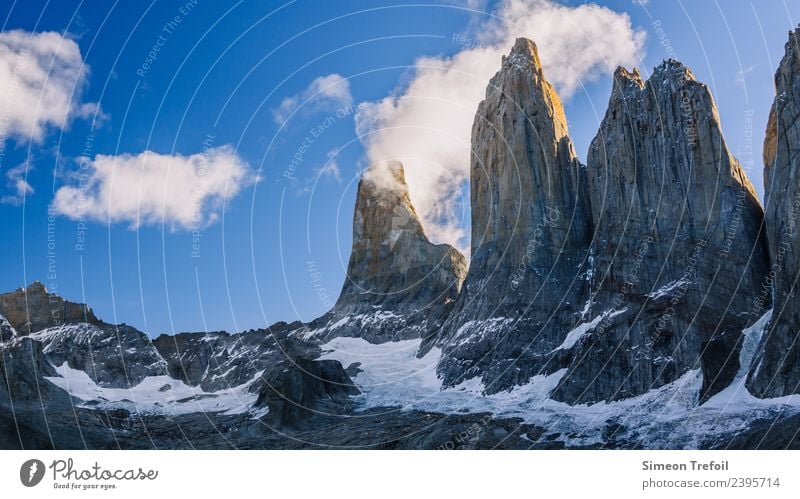 Torres del Paine at Sundown Tourism Adventure Far-off places Freedom Snow Mountain Hiking Landscape Clouds Andes Patagonia Tierra del Fuego Torrs del Paine