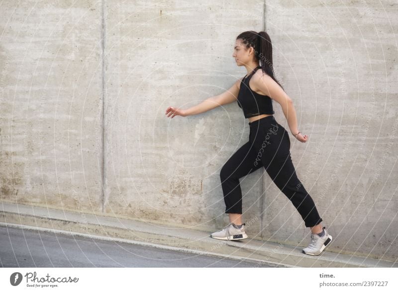 Nikoliya Feminine Woman Adults 1 Human being Wall (barrier) Wall (building) T-shirt Pants Sneakers Long-haired Braids Running Going Looking Beautiful