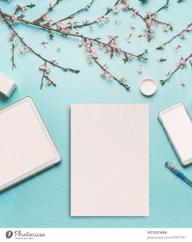 Spring flowers on desktop Style Design Desk Office work Cellphone Notebook Internet Stationery Paper Piece of paper Pink Background picture Tablet computer PDA