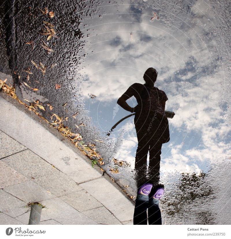 stay Young woman Youth (Young adults) Woman Adults Water Sky Clouds Observe To enjoy Stand Rebellious Thin Uniqueness Discover Resolve Street Puddle Reflection