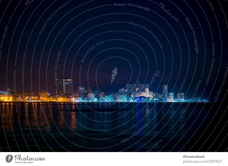 Malekon in Havana at night Island Cuba El Malecón Coast Promenade Skyline Street Night shot Lighting Illuminate Illumination Blue sky Cloudless sky Silhouette