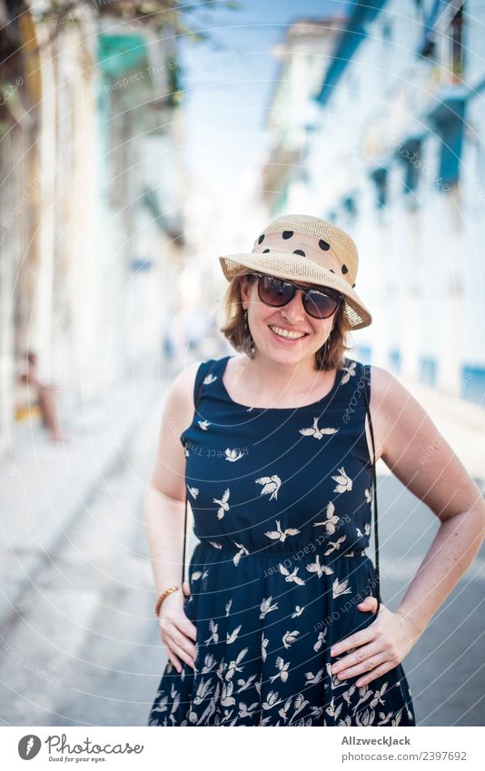 Portrait of woman with blue dress, sunglasses and hat Cuba Havana Island Vacation & Travel Travel photography Trip Sightseeing Alley Street Town Blue sky