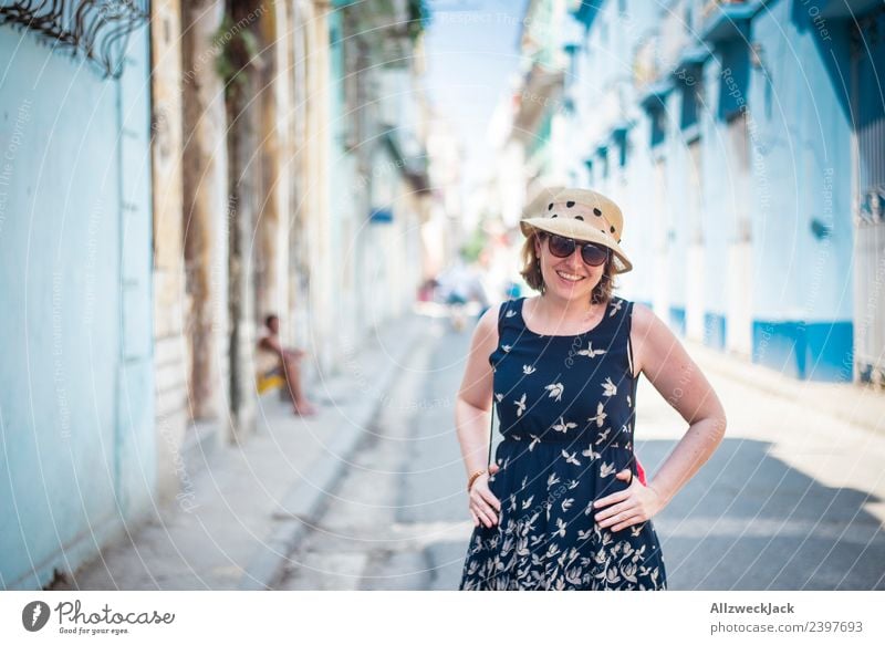 Portrait of woman with blue dress, sunglasses and hat Cuba Havana Island Vacation & Travel Travel photography Trip Sightseeing Alley Street Town Blue sky