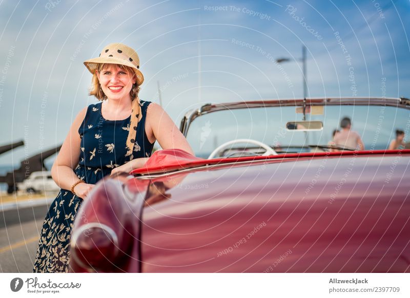 Portrait of a woman with dress, sunglasses and hat on a vintage car Cuba Havana Island Vacation & Travel Travel photography Trip Sightseeing Vintage car