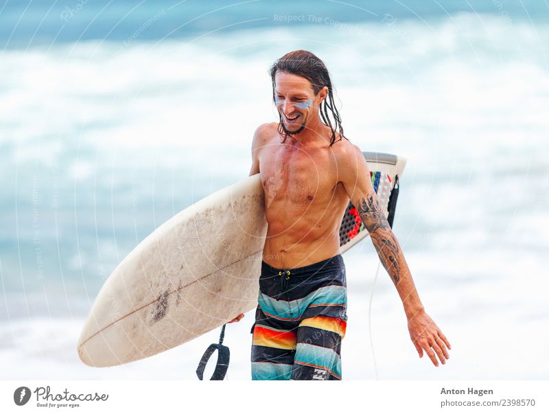 Surfer boy coming out of the water Masculine Chest 1 Human being 30 - 45 years Adults Vacation & Travel Power Moody Surfing Surfboard Wave Beach Ocean Coast Man