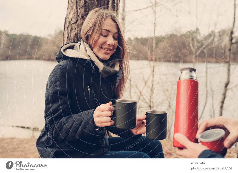happy couple drinking hot tea outdoor Tea Lifestyle Joy Vacation & Travel Camping Family & Relations Friendship Couple Nature Autumn Tree Forest Smiling