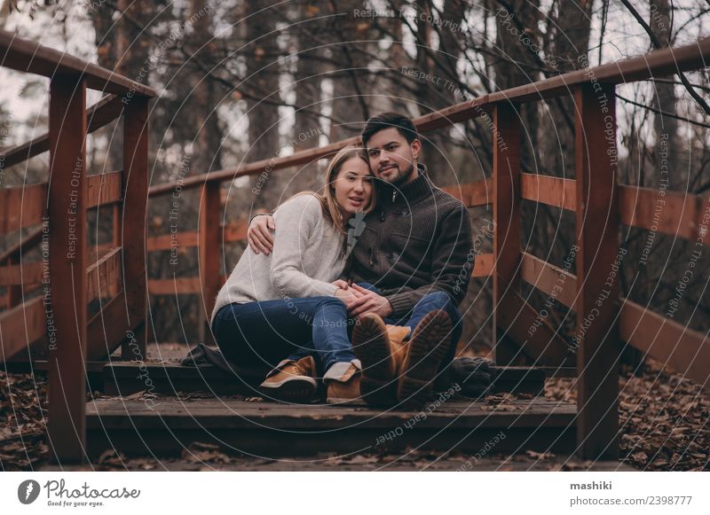loving young couple outdoor Lifestyle Joy Vacation & Travel Woman Adults Man Family & Relations Friendship Couple Nature Autumn Tree Forest Bridge Smiling Love