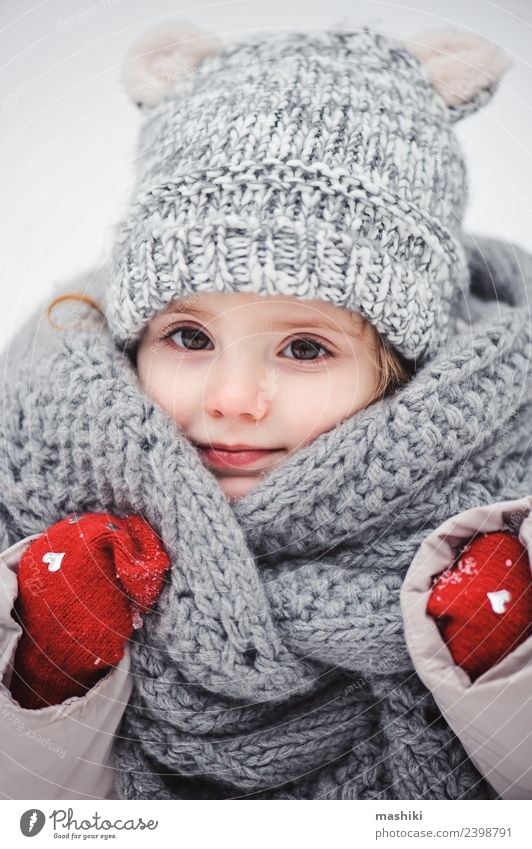 cute baby girl in knitted scarf walking in winter Style Joy Happy Beautiful Playing Knit Winter Snow Child Infancy Weather Forest Fashion Coat Scarf Hat Smiling