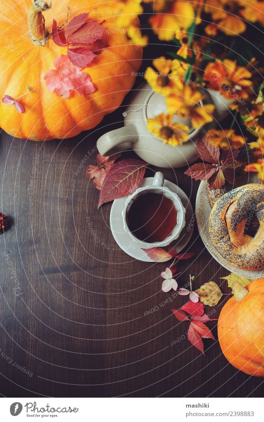 top view of cozy autumn breakfast on table Breakfast Beverage Tea Pot Lifestyle Relaxation Decoration Table Autumn Warmth Leaf Forest Safety (feeling of)