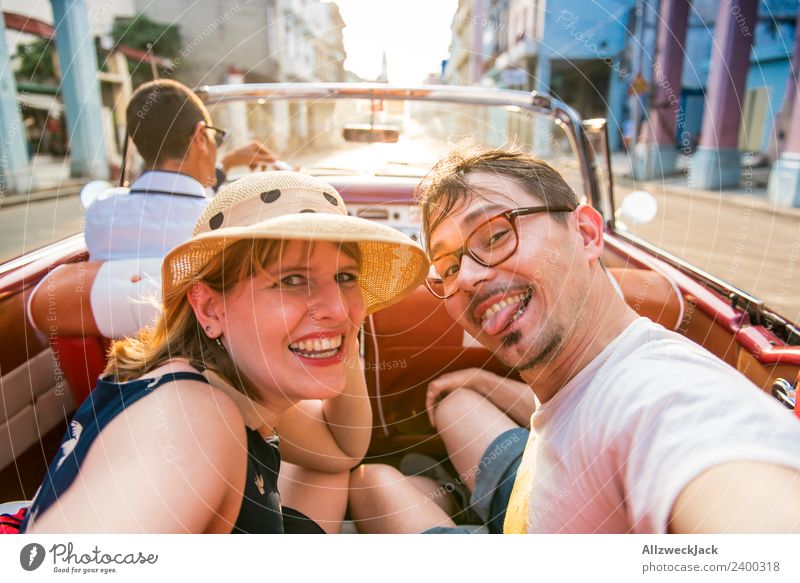 Selfi by a young couple in the back seat of a convertible oldtimer Cuba Havana Island Vacation & Travel Travel photography Trip Sightseeing Vintage car