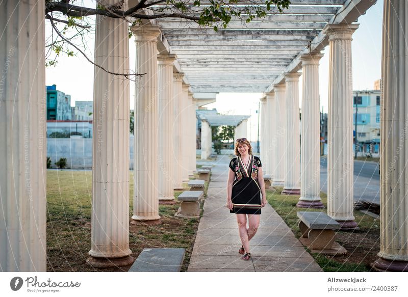 Young woman with dress between columns Cuba Havana Island Column Vacation & Travel Travel photography Sunset Summer Beautiful weather Sunglasses Dress Breeze