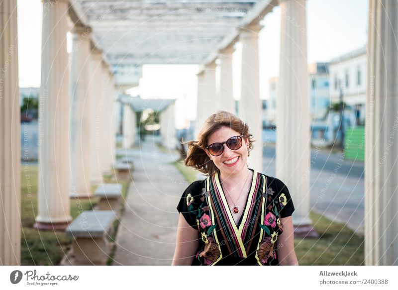 Young woman with dress and sunglasses between columns Cuba Havana Island Column Vacation & Travel Travel photography Sunset Summer Beautiful weather Sunglasses