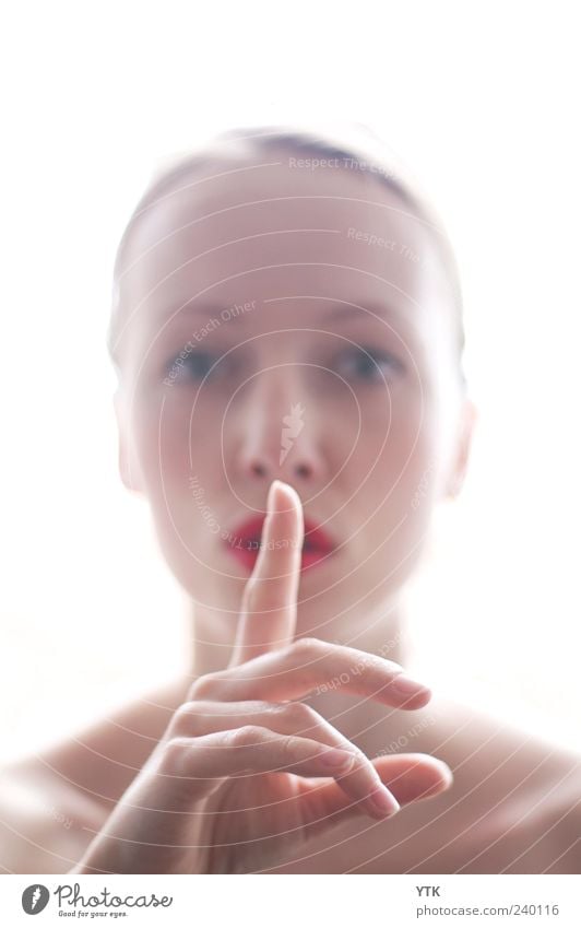 Hush! Human being Feminine Young woman Youth (Young adults) Woman Adults Head Face Mouth Hand Fingers 1 18 - 30 years Bright Calm Gesture Demanding Instruction