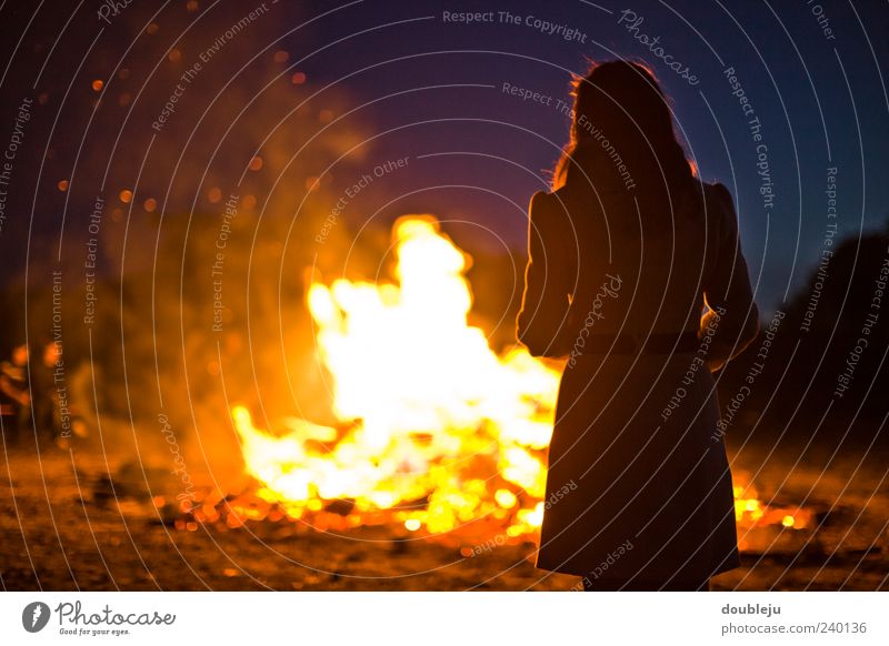 fireplace Fire Warmth Light Wood Burn Fireplace St. John's fire Summer Summer solstice Woman Lady Dress Silhouette Human being Together Night Dark Rear view