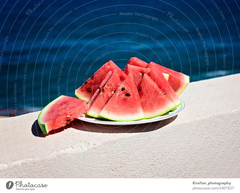 pieces of ripe watermelon cut into triangles Fruit Juice Plate Vacation & Travel Summer Sun Beach Ocean Eating Exotic Fresh Delicious Natural Juicy Blue Green