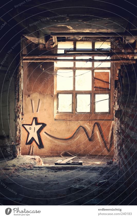 Follow your star Life Deserted Industrial plant Factory Warehouse Wall (barrier) Wall (building) Window Graffiti Star (Symbol) Flying Hope Puzzle Desire Dark