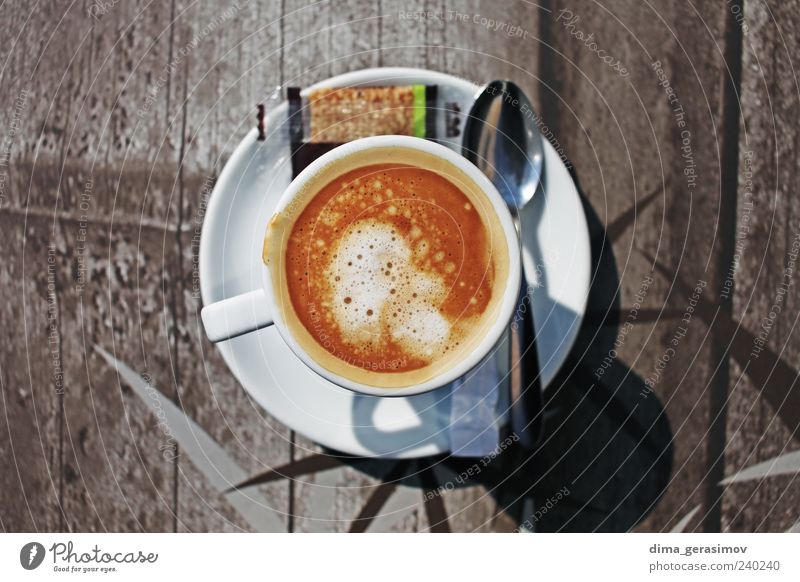 Cup of coffee Breakfast Beverage Drinking Hot drink Coffee Latte macchiato Espresso Mug Spoon Smoking France Brown Colour photo Exterior shot Morning Contrast