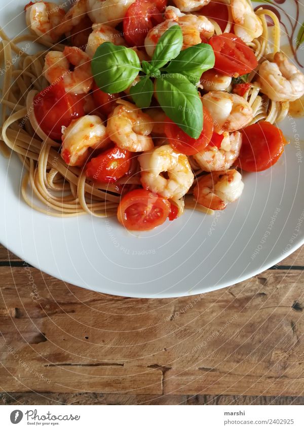 Pasta&Shrimps Food Seafood Vegetable Dough Baked goods Nutrition Eating Lunch Dinner Business lunch Lifestyle Moody Noodles Cooking Delicious Meal Italian Food