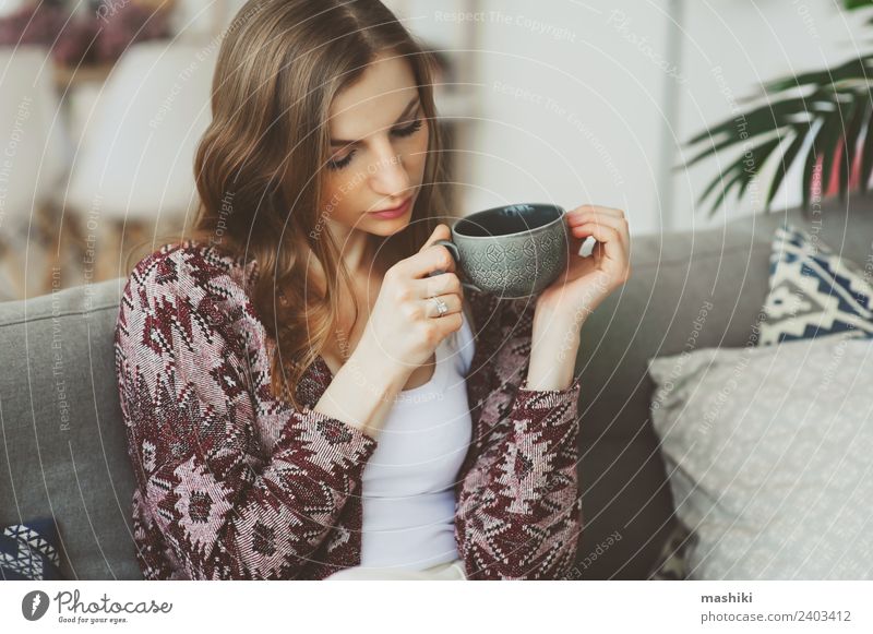 close up portrait of young thoughtful woman Breakfast Coffee Tea Lifestyle Illness Harmonious Relaxation Woman Adults Dream Sadness Hot Strong Loneliness