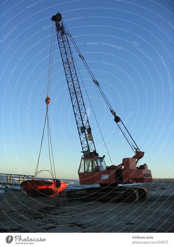 on the hook Crane Watercraft Red Progress Steel Electrical equipment Technology Sky Blue Baltic Sea Metal