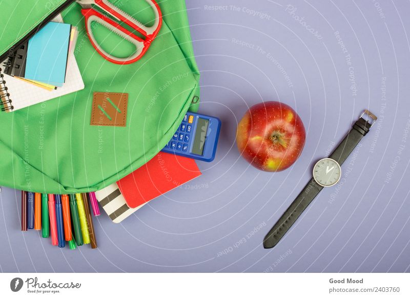 Backpack, notepad, felt-tip pens, scissors, calculator Apple Table Child School Academic studies Tool Scissors Paper Observe Blue Gray Green bag notebook