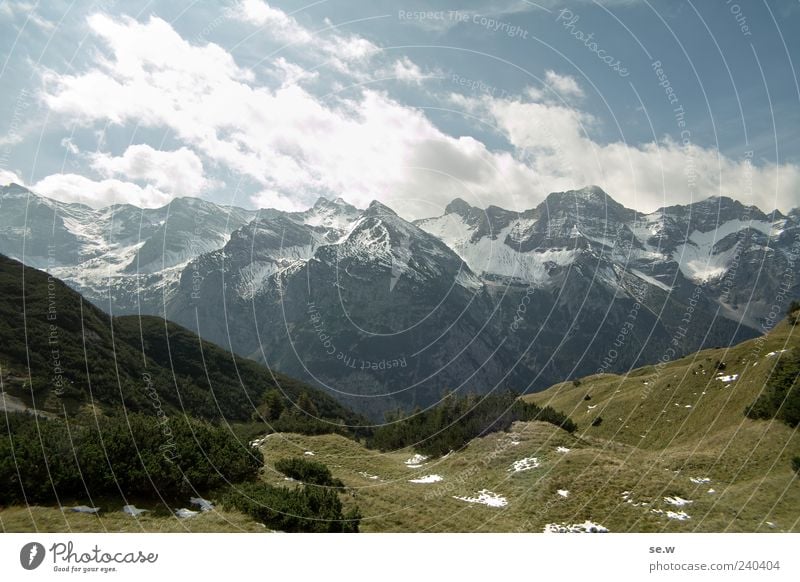 Sun, snow and mountains Sky Clouds Summer Beautiful weather Snow Alps Mountain Chalk alps Karwendelgebirge Snowcapped peak Wall of rock Blue Gray Green