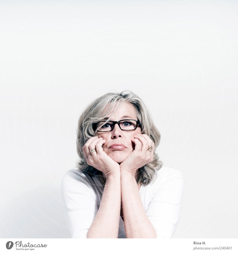 the nice weather is over .... Human being Feminine Adults Life 1 45 - 60 years T-shirt Eyeglasses Blonde Gray-haired Looking Sit Wait Authentic Bright White