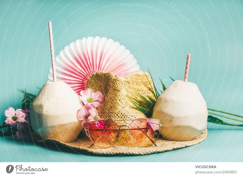 Summer vacation. Straw hat with sunglasses and coconut water Lifestyle Style Design Relaxation Leisure and hobbies Vacation & Travel Tourism Beach Fashion