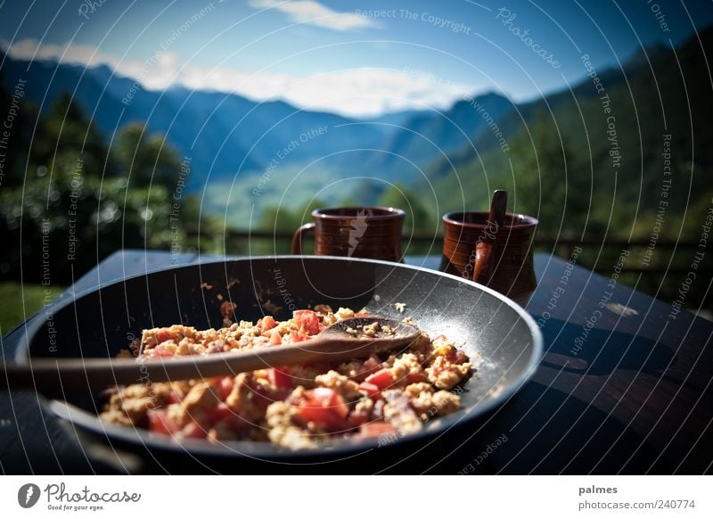 Scrambled eggs with bacon! Nutrition Breakfast Lunch Beverage Coffee Pan Landscape Summer Alps Mountain Power Vacation & Travel Cozy Colour photo Exterior shot