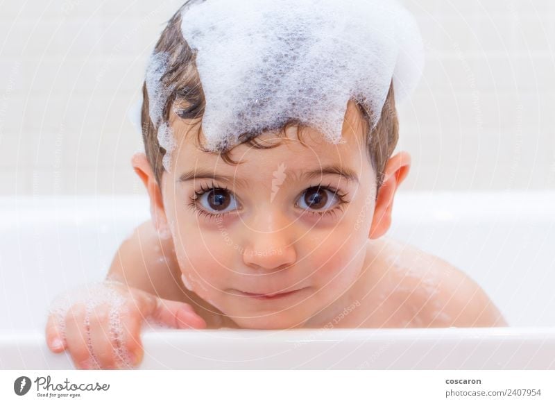Baby in the bathroom Joy Face Bathtub Bathroom Child Human being Infancy Blonde Toys Smiling Laughter Small Wet Clean 2 3 bathing Beauty Photography bubble