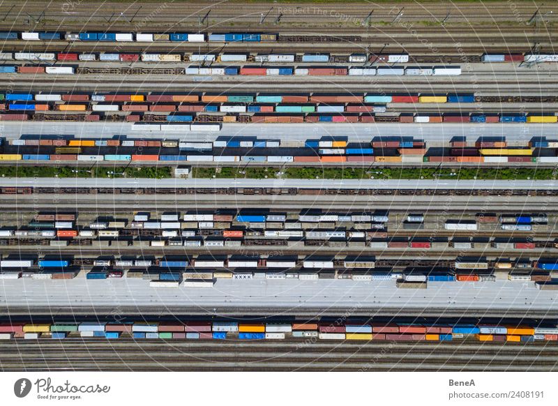 Freight trains and containers on tracks from above Economy Trade Business Transport Means of transport Traffic infrastructure Logistics Train travel Truck