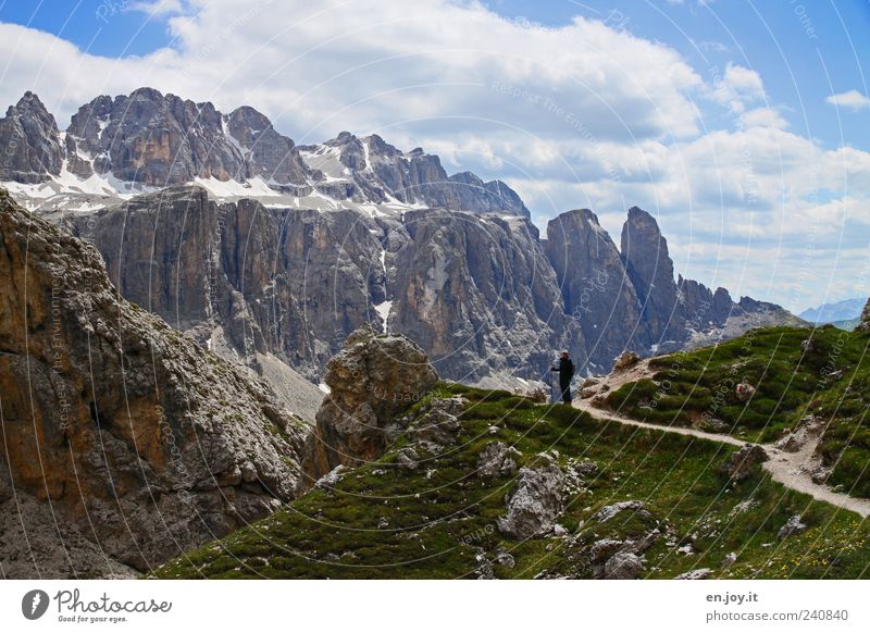 pathfinder Vacation & Travel Tourism Mountain Hiking 1 Human being Nature Landscape Clouds Rock Alps Peak Snowcapped peak Blue Gray Green White Happy