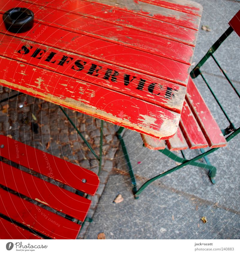 Self-service! Bar Gastronomy Friedrichshain Wood Simple Red Change Folding chair Folding table Clue Ashtray Second-hand Wooden chair English Capital letter