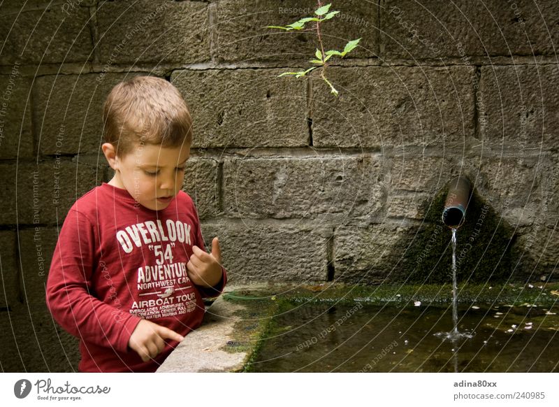 inquisitiveness Boy (child) Observe Think Discover Experience Curiosity Colour photo Multicoloured Exterior shot Sunlight Downward Well Water Indicate